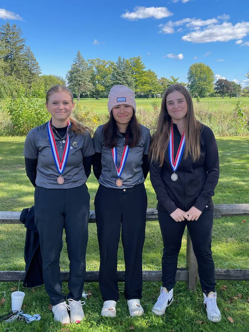 DeKalb-Sycamore golfers took second as a team Tuesday, September 27, 2022 at the Interstate 8 girls golf tournament. From left, Lauren Cohn took third, Lexi Morrow took seventh and Brianna Chamoun took second.