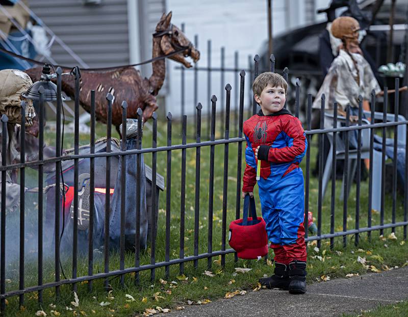 Zayden Gann, 5, looks over the many decorations at the Lally home in Dixon Tuesday, Oct. 31, 2023.