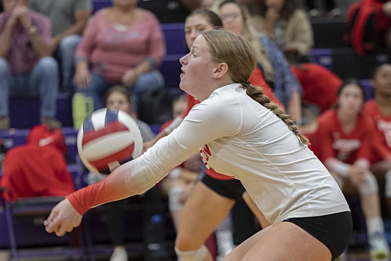Oregon’s Madison Shaffer passes a shot against Dixon Tuesday, Sept. 26, 2023 at Dixon High School.Tuesday, Sept. 26, 2023.