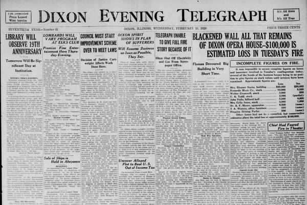 Historical covers for February 18: The fire at the Dixon Opera House