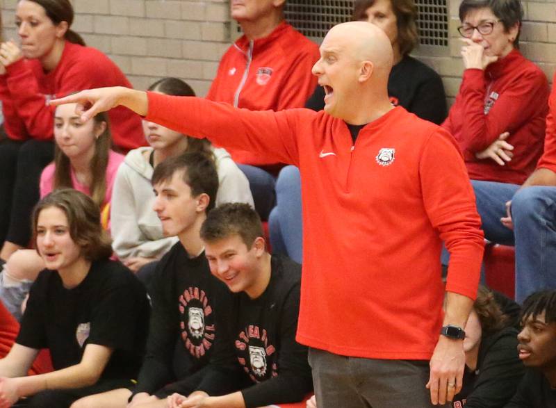 Streator head boys basketball coach Beau Doty coaches his team against Plano during the Dean Riley Shootin' The Rock Thanksgiving Tournament on Monday, Nov. 20, 2023 at Kingman Gym.