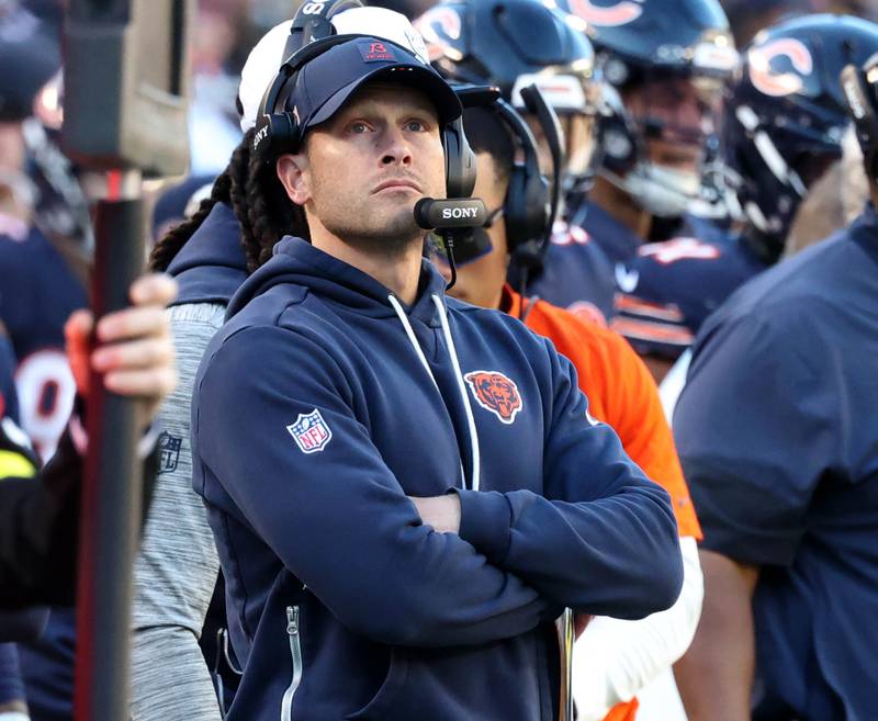 Chicago Bears head coach Ben Johnson watches his team Sunday, Nov. 23, 2025, during their game against the Pittsburgh Steelers at Soldier Field in Chicago.