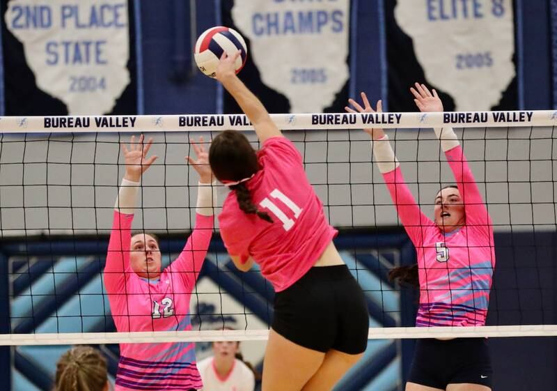 Princeton's Olivia Gartin takes a swing against Bureau Valley's Mallory Endress and Keely Lawson on "Pink Night" at the Storm Cellar Tuesday.