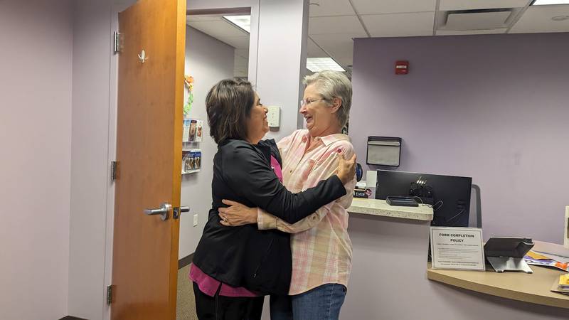 Annamae Ginter, 70, of Oak Forest (right) popped into Silver Cross Hospital in New Lenox on Friday, Oct. 6, 2023, to thank her providers for such terrific care. Ginter is seen with Lisa Gravitt, staff nurse to breast surgeon Dr. Jennifer Young Gambla, who treated Ginter. (