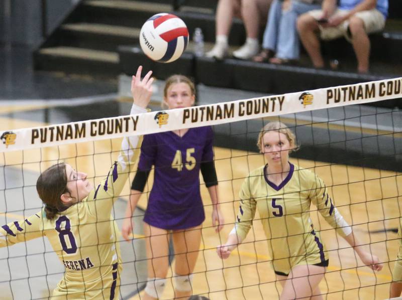 Serena's Rebekah Shugrue taps the ball to the Putnam County side of the net on Monday, Sept. 22, 2025 at Putnam County High School.