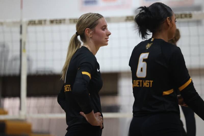 Joliet West’s Ava Grevengoed waits for the play to resume against Lincoln-Way West on Tuesday, Sept. 12, in Joliet.