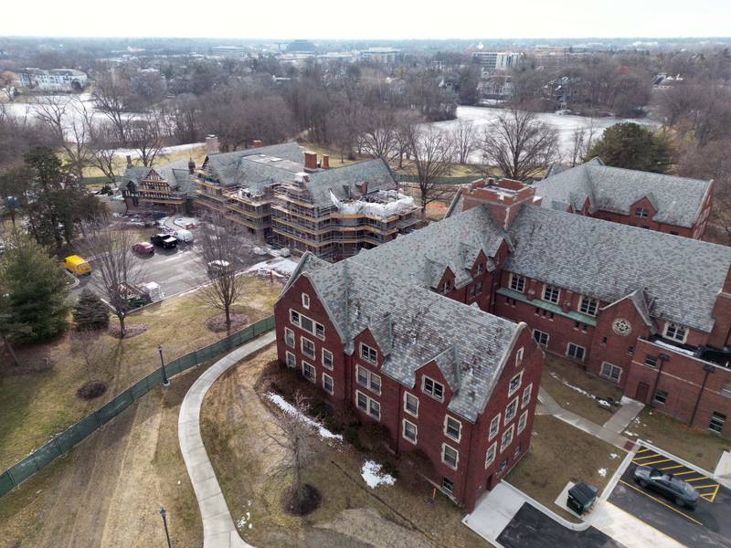 Work continues Wednesday February 8, 2023 in Oak Brook on Mayslake Hall, a Tudor Revival-style mansion which is undergoing a $6.4 million restoration funded by the DuPage County forest preserve district. The project includes brick and limestone masonry restoration. Rotting exterior woodwork and stucco also will be selectively demolished and replaced with new materials.