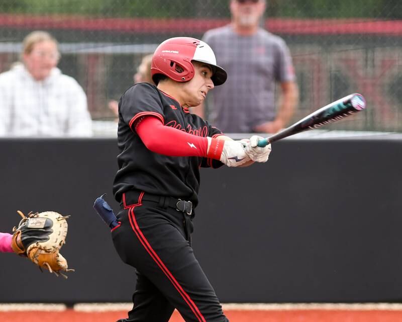 Yorkville's Nick Parashis (5) makes contact with the ball during the game on Thursday May 29, 2025, during the regional game against Romeoville held at Yorkville High School.