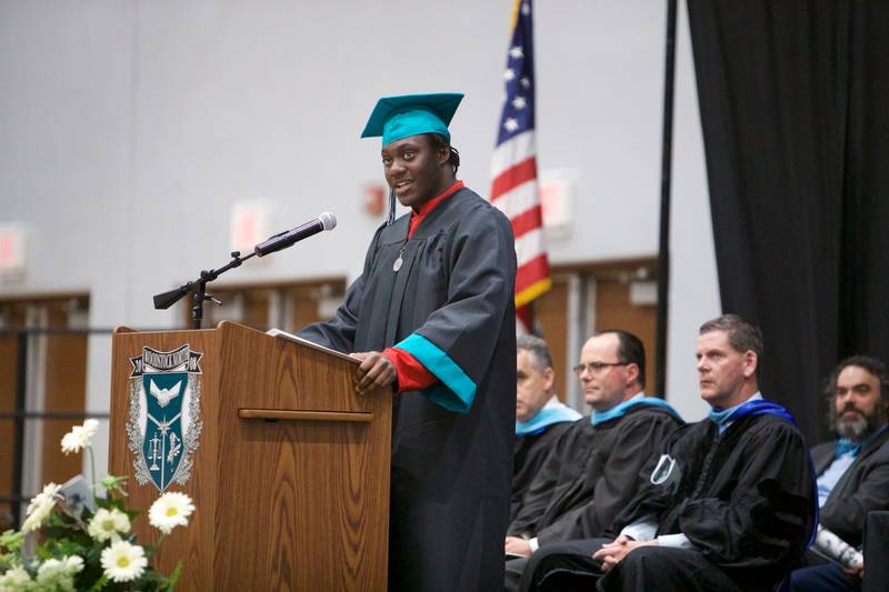 Devan Farmer speaks at Woodstock North's Graduation Ceremony on Saturday, May 13, 2023 in Woodstock.