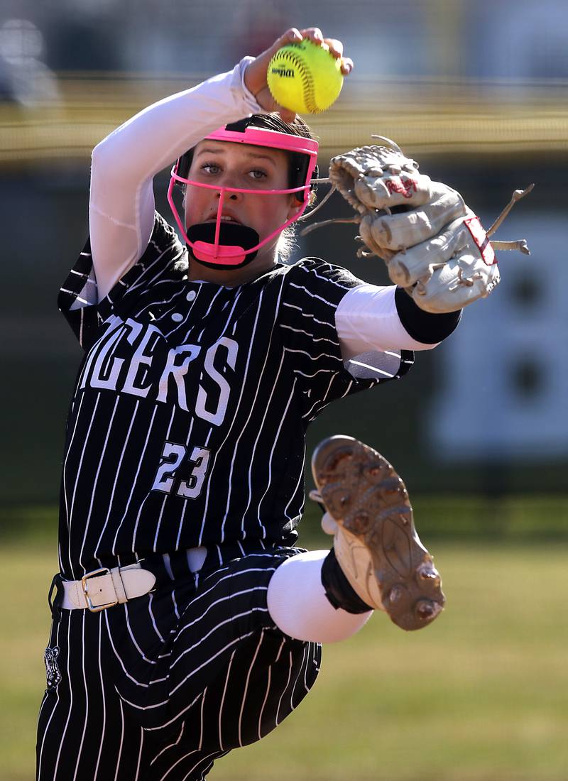 Crystal Lake Central's Oli Victorine throws a pitch during Fox Valley Conference softball game against Huntley on Tuesday, April 8, 2025, at Huntley High School.