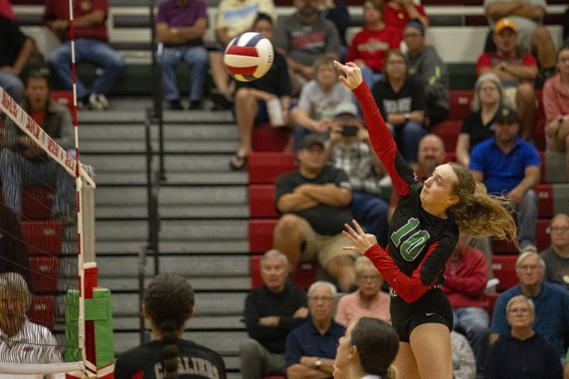 L-P's Katie Sowers returns a shot during the match against Sycamore at L-P High School on September 14, 2023.