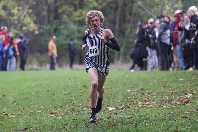 Plainfield South’s Dylan Maloney takes first in the Southwest Prairie Conference meet at Channahon Park in Channahon on Friday, Oct. 13, 2023.