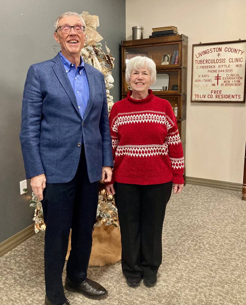 Dr. Jim Day, retiring Livingston County Board of Health president, and MaLinda Hillman, new Board of Health president, pose for a photo.