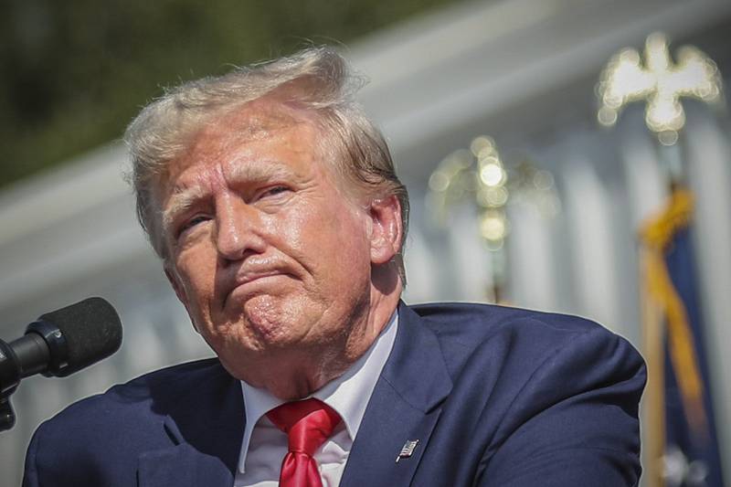 FILE - Former President Donald Trump pauses before ending his remarks at a rally in Summerville, S.C., Sept. 25, 2023. A New York judge ruled, Tuesday, Sept. 26, 2023, that the former president and his company  committed fraud for years while building the real estate empire that catapulted him to fame and the White House. (AP Photo/Artie Walker Jr., File)