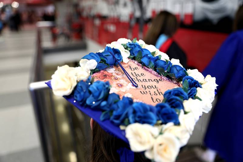 A Geneva High School graduate decorated her cap for the school’s commencement ceremony on Tuesday, June 3, 2025 at Northern Illinois University in DeKalb.