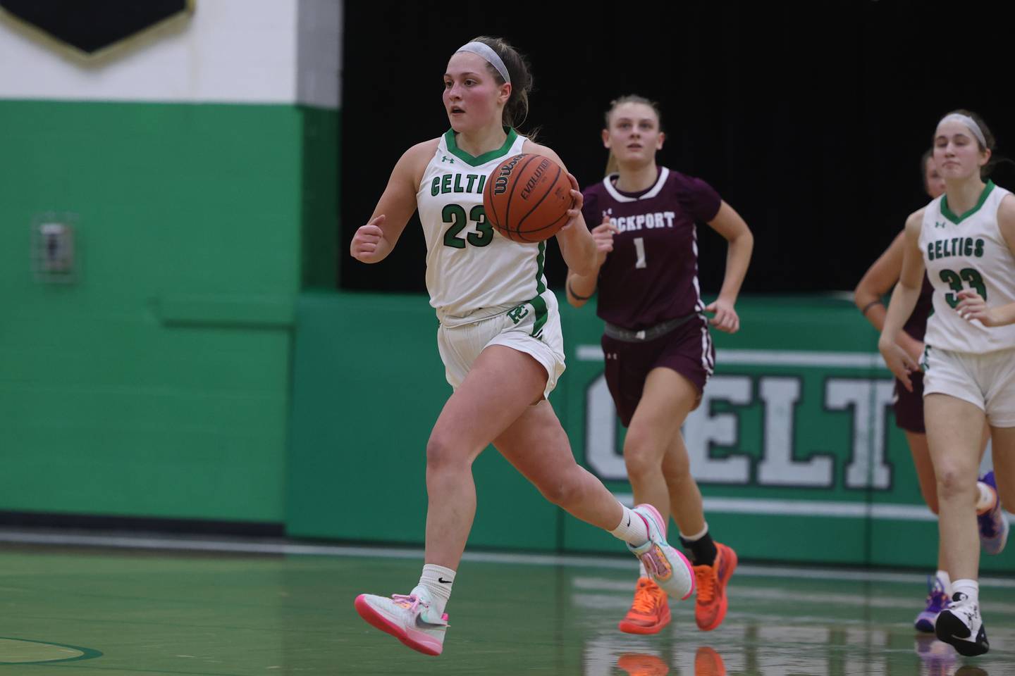 Providence’s Annalise Pietrzyk takes the ball up court against Lockport.