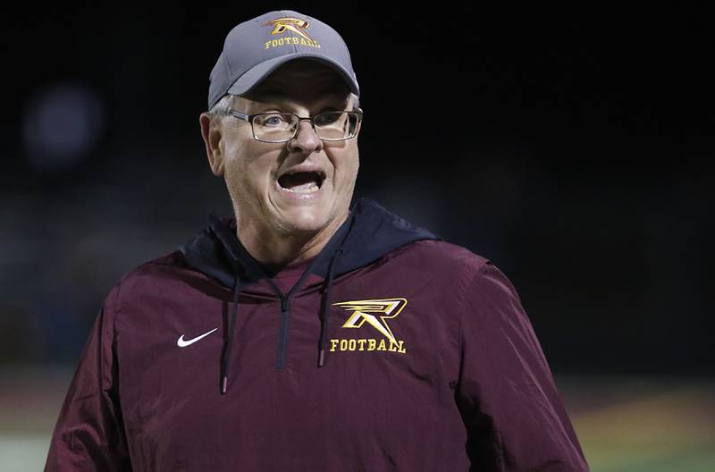 Richmond-Burton Head Coach Mike Noll yells during a Kishwaukee River Conference / Interstate 8 Conference crossover football game Friday, Sept. 30, 2022, between Richmond-Burton and Morris at Richmond-Burton Community High School in Richmond.