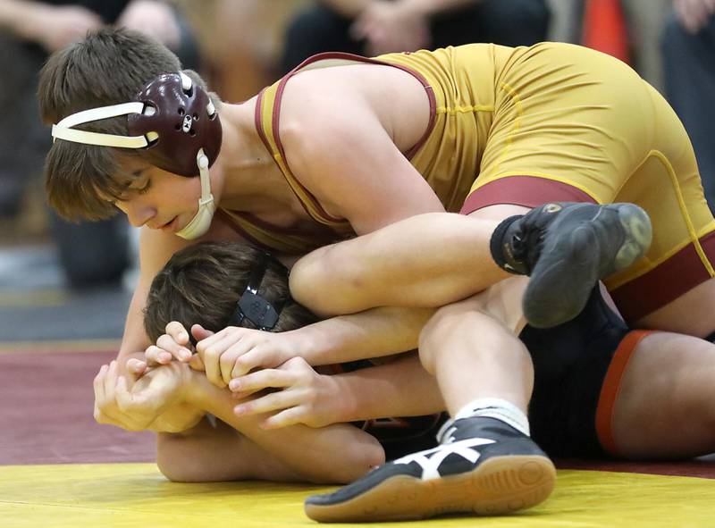 Richmond-Burton’s Lelan Nelson controls Winnebago’s Jackson Hopkins during a 126-pound match in the Tom DuBois Invite wrestling meet on Saturday, Dec. 13, 2025, at Richmond-Burton High School in Richmond.