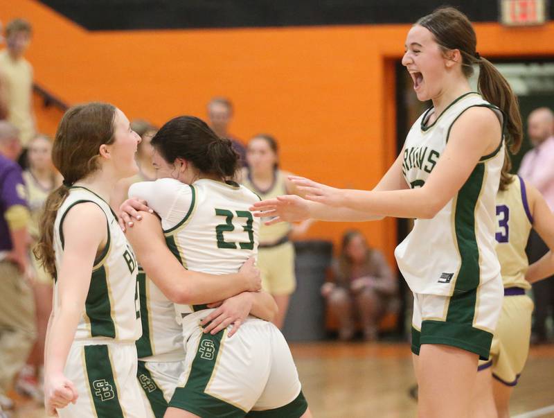 Members of the St. Bede Lady Bruins (from left) Lili McClain, Ali Bosnich and Quinn McClain react after defeating Serena in the Class 1A Sectional final on Thursday, Feb. 22, 2024 at Gardner-South Wilmington High School.