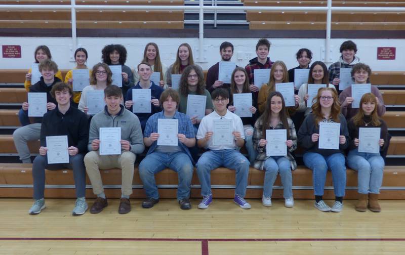 The Illinois State Scholars from Morris Community High School are (front row, from left) Riley Ahearn, Bennett Ammer, Nathan Etavard, Christian Fithian Morales, Emma Frobish, Alaina Gates, Angela Georgaklis, (second row, from left) Colby Johnson, Amanda Joseph, Joseph Lanahan, Braden Matthews, Alayna Mueller, Miranda Muffler, Stephanie OLena, Corey Olson, (third row, from left) Haven Perdomo, Faith Ragan, Makayla Reed, Ava Smith, Margaret Stuebinger, Reagan Weber, Charles Wright, Melany Zavala, and Ambrose Zweeres.