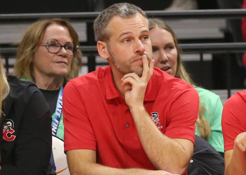 Timothy Christian head volleyball coach Scott Piersma watches his team play Bloomington Central Catholic during the Class 2A State semifinal game on Friday, Nov. 15, 2024 at CEFCU Arena in Normal.