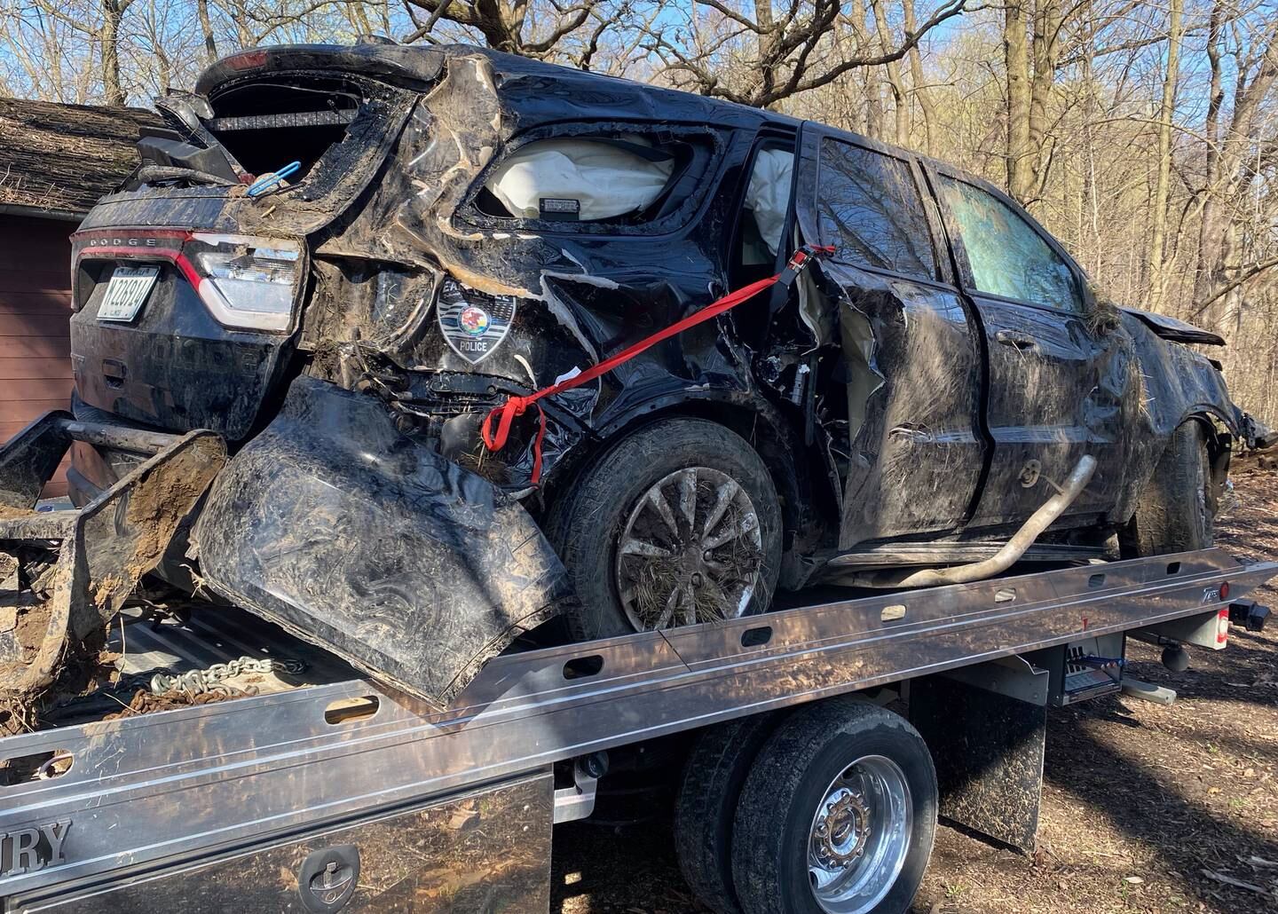Earlville police officer Jesus Alonzo, suffered severe injuries to his neck after being involved with a high speed chase on April 12, 2021. Here, his Earlville squad car is removed from the accident scene.