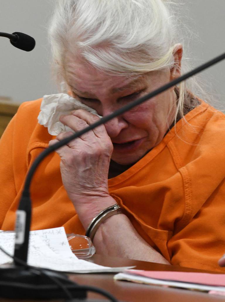 Linda La Roche cries as she proclaims her innocence in the death of Peggy Lynn Johnson-Schroeder during her sentencing hearing Monday, May 23, 2022, in Racine County.