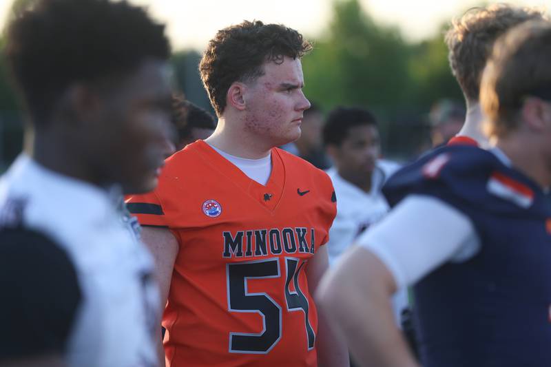 Minooka’s Joey Chiappini listens to instructions at the IHSA Southwest Suburb Showcase combine on Thursday, May 7, 2026 at Plainfield North High School.
