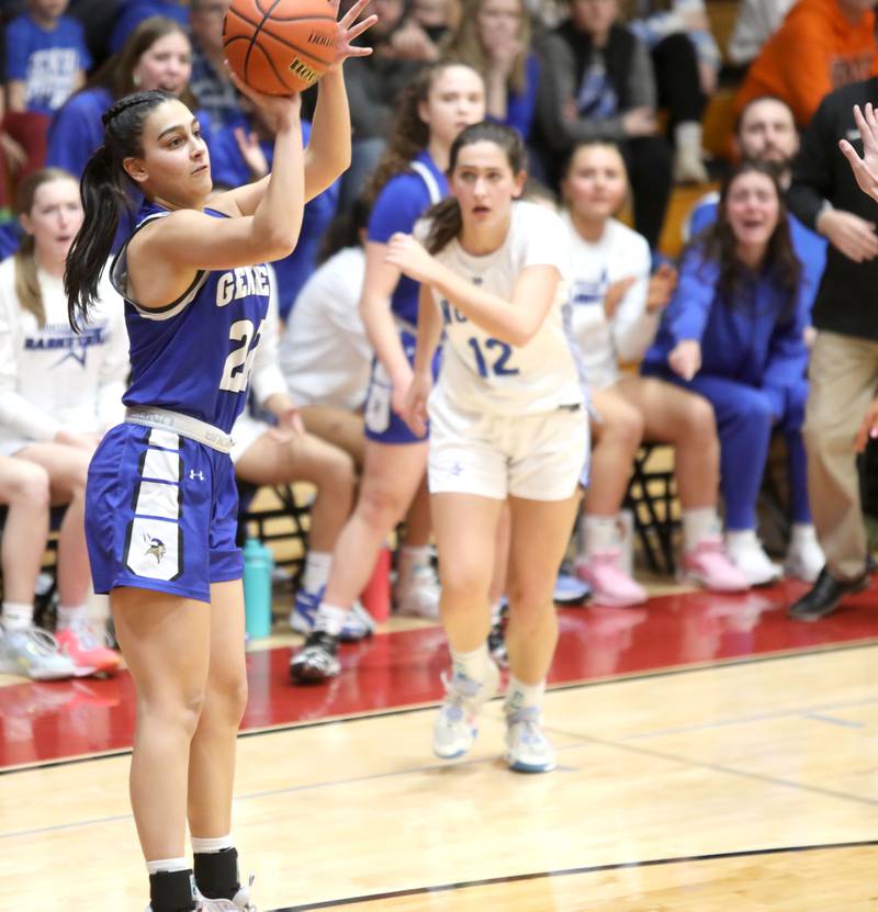 Geneva’s Leah Palmer shoots the ball during a Class 4A Batavia Sectional semifinal game against St. Charles North on Tuesday, Feb. 20, 2024.