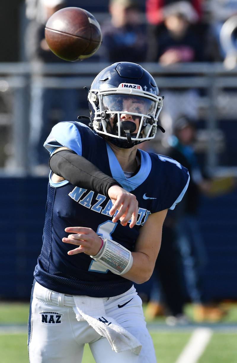 Nazareth quarterback Logan Malachuk fires a quick out pass during a Class 5A second round game against Glenbard South on Nov. 4, 2023 at Nazareth Academy in LaGrange Park.
