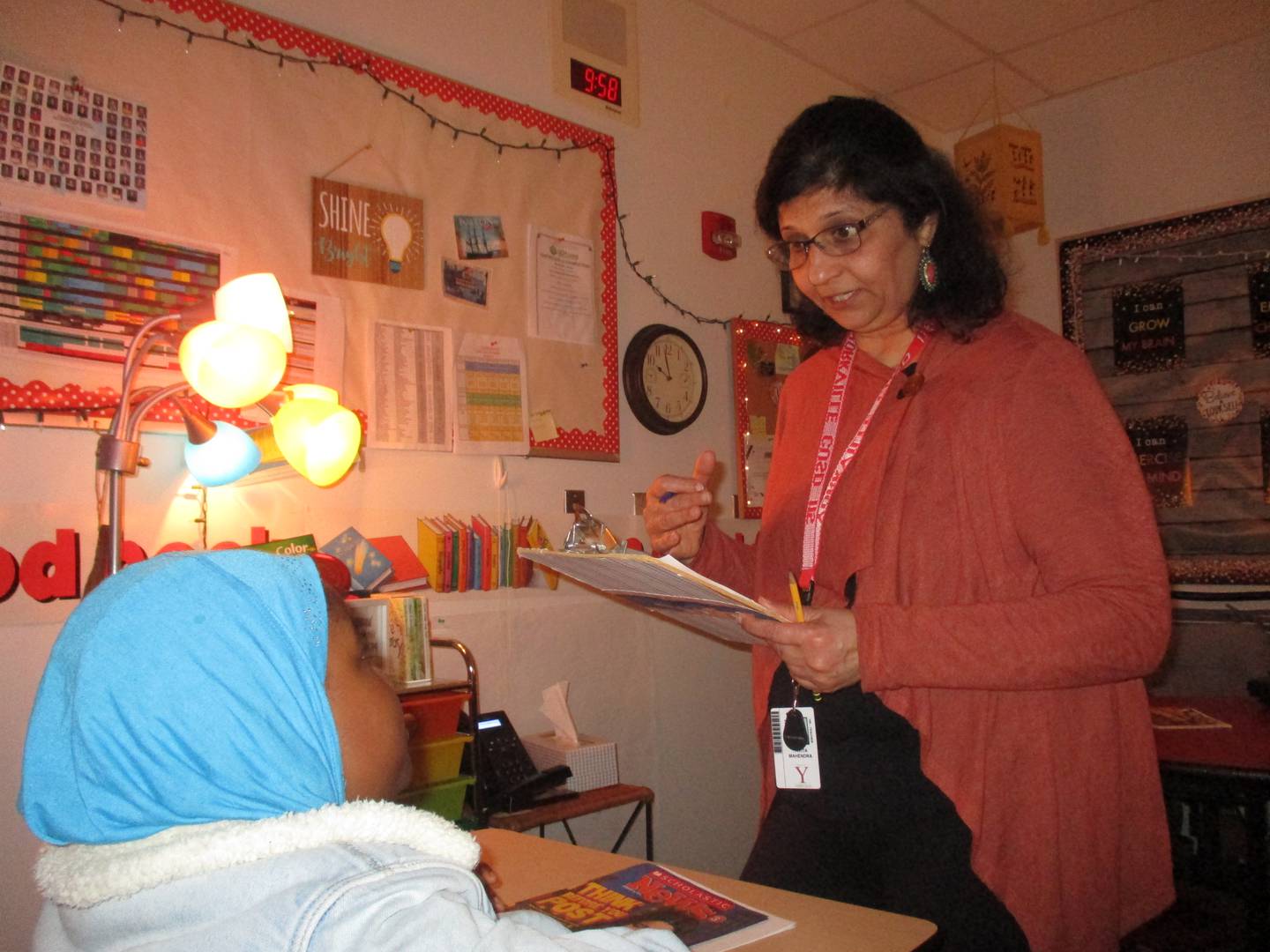 English Language Learning teacher Kavita Mahendra of Yorkville's Grande Reserve Elementary School works on a vocabulary lesson with a student. (Mark Foster -- mfoster@shawmedia.com)