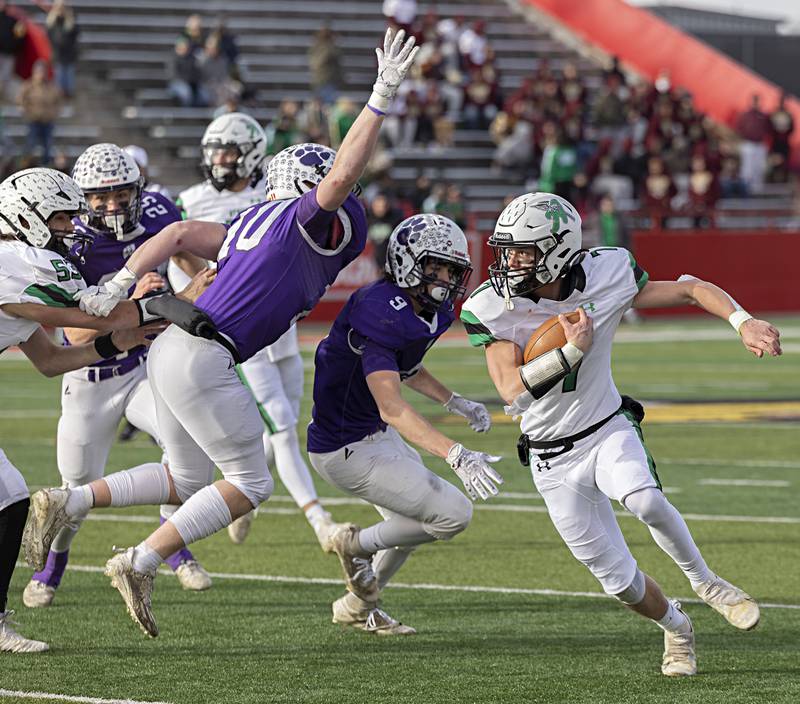 Athens’ Jared Schnapp turns the corner for yards against Wilmington Friday, Nov. 24, 2023 in the 2A state football championship game at Hancock Stadium in Normal. The run was called back due to a penalty.