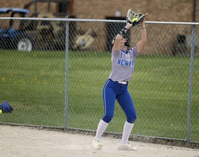 Newman’s Sam Ackman hauls in a pop-up against Monmouth-Roseville Friday, May 5, 2023.