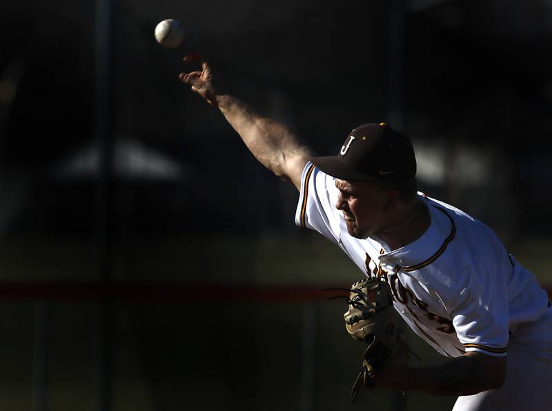Jacobs’ Anthony Edge throws pitch during a Fox Valley Conference baseball game against  Crystal Lake Central Monday, April 10, 2023, at Crystal Lake Central High School.