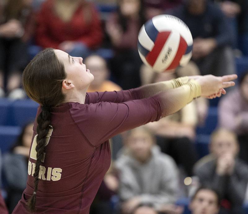 Morris’ Alexis Williams makes a pass against Sterling Thursday, Oct. 30, 2025, in the Class 3A volleyball regional.