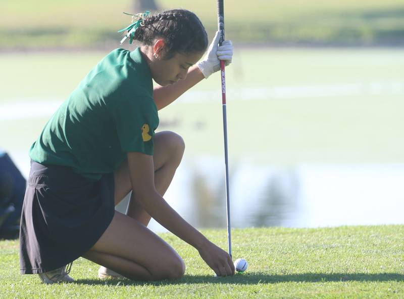 St. Bede's Breanna Martinez prepares to tee off during the Class 1A Regionals on Tuesday, Sept. 30, 2025 at Spring Creek Golf Course in Spring Valley.