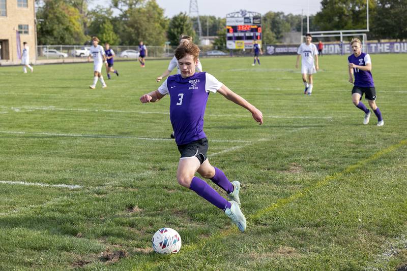 Dixon’s Dylan Osmer dribbles the ball upfield against Rockford Lutheran Wednesday, Sept. 18, 2024.