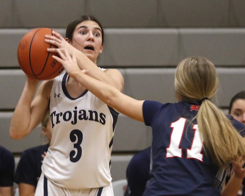 Cary-Grove's Kennedy Manning looks to pass as she is guarded by St. Viator's Kalin McCrea during an IHSA Class 3A Antioch Sectional semifinal girls basketball game on Tuesday, Feb. 20, 2024, at Antioch High School.