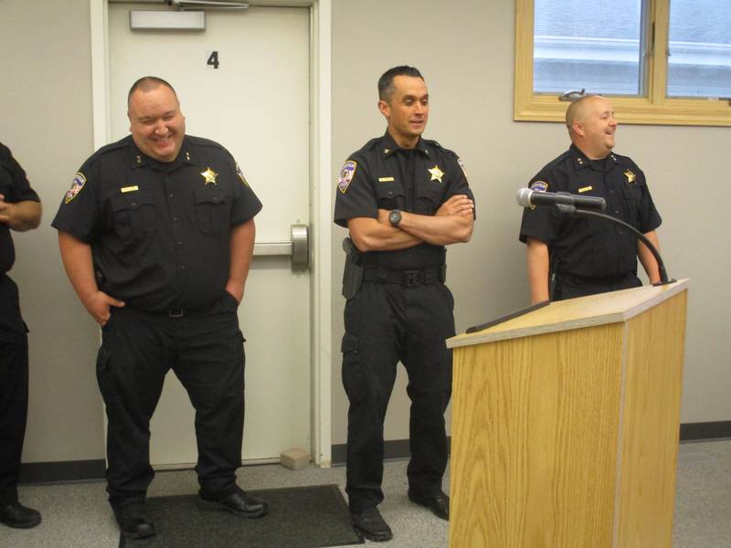 These Yorkville Police Officers recently completed an FBI leadership training program. Seen here at the May 24, 2022 Yorkville City Council meeting, they are, from left, Deputy Chief of Support Services Behr Pfizenmaier, Commander Garrett Carlyle and Deputy Chief of Field Operations Ray Mikolasek. (Mark Foster -- mfoster@shawmedia.com)