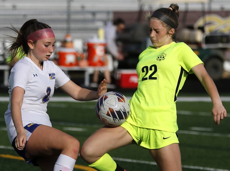 Richmond-Burton's Abigail Leslie controls the ball in front of Johnsburg's Devynn Michel during the Kishwaukee River Conference Girls Soccer Tournament Championship Match on Wednesday, May 1, 2024, at Richmond-Burton High School.