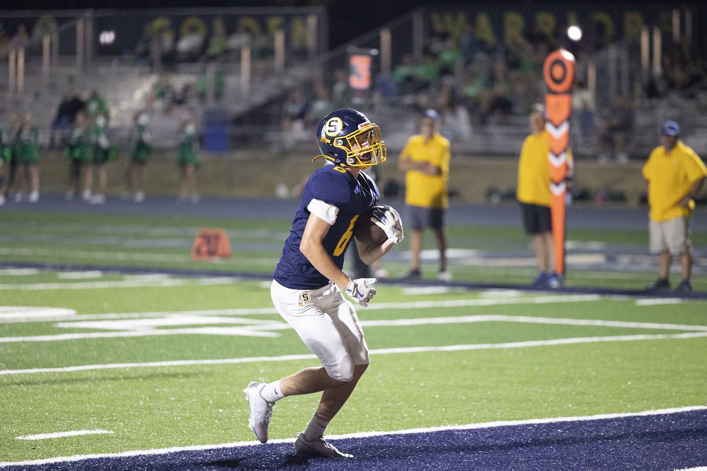 Sterling’s Cale Nettleton crosses the end zone for a second half touchdown against Alleman Friday, Oct. 3, 2025.