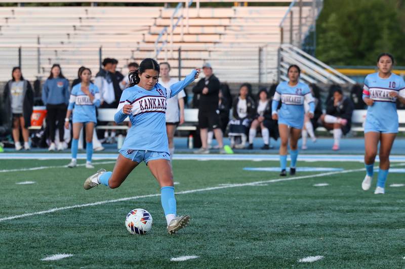 Kankakee's Alexsandra Quintanar sends a pass forward during the Kays' 3-1 loss to Oak Forest in the IHSA Class 2A Kankakee Regional championship on Friday, May 23, 2025.