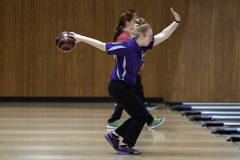 Dixon’s Grace DeBord makes her approach during bowling regionals at Plum Hollow in Dixon on Saturday, Feb. 4, 2023.