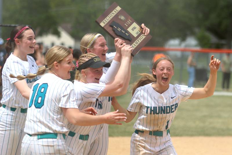 Woodstock North’s Thunder celebrate a 5-2 win over Crystal Lake Central in IHSA Class 3A Regional Title Game softball action on Saturday, May 23, 2026 at Crystal Lake Central High School in Crystal Lake.