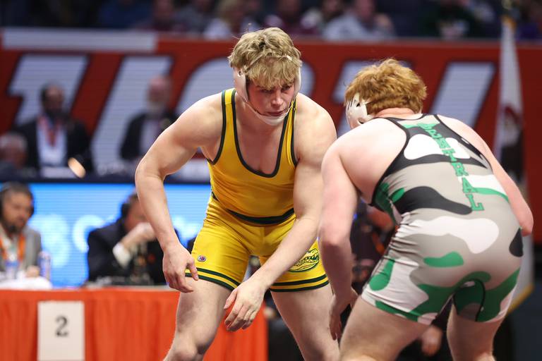 Crystal Lake South’s Shane Moran faces off with Grays Lake Central’s Matty Jens in the Class 2A 182lb. championship match at State Farm Center in Champaign. Saturday, Feb. 19, 2022, in Champaign.