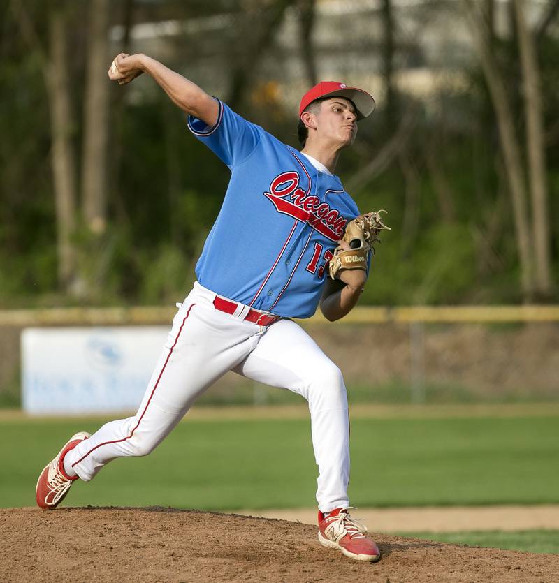 Oregon’s Nole Campos fires a pitch in relief against Dixon Thursday, April 24, 2025.