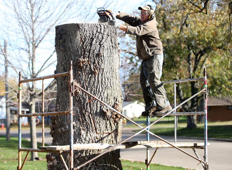 Bud Hainzinger of Morris begins to carve a cross in a tree stump at St. Johns Lutheran Church on Thursday, Nov. 2, 2023 in Peru.