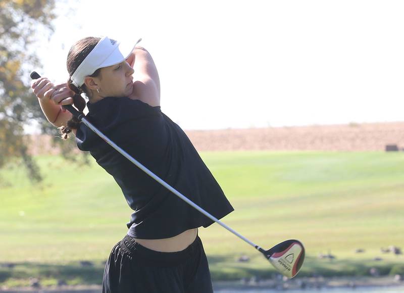 Henry-Senachwine's Chloe Ritter tees off during the Class 1A Regionals on Tuesday, Sept. 30, 2025 at Spring Creek Golf Course in Spring Valley.