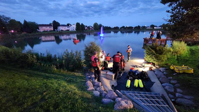 No occupants were found in or near a vehicle that was partially submerged in a Romeoville pond on Monday. Lockport divers, in coordination with both the Lockport and Romeoville remote operated underwater vehicle, searched the vehicle and the surrounding area.