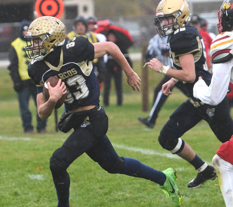 Polo's Mercer Mumford (83) breaks away for a big gain against St. Anne during I8FA playoff action on Saturday, Nov. 8, 2025 at Polo High School.